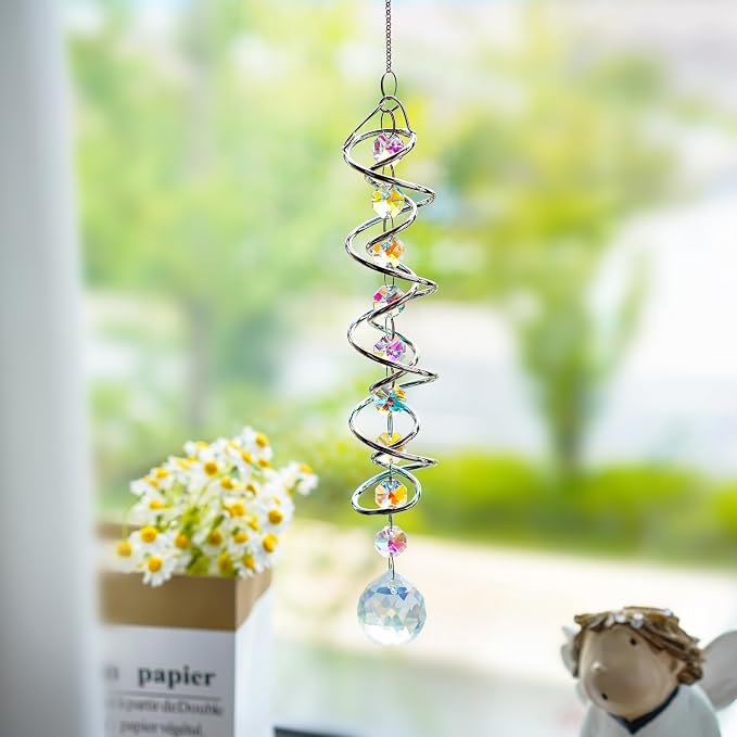 20.5in Crystal Gazing Ball Spiral Wind Spinner Garden Decor | Colorful Crystal Suncatcher with Octagonal Beads Spiral Tail Rainbow Maker Hanging for Indoor Outdoor Garden Patio Yard Decor