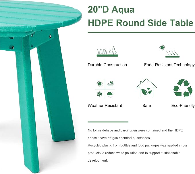 20''D Outdoor Patio HDPE Round Adirondack Side Table, 20" D, Aqua