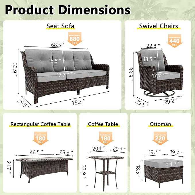 Outdoor Patio Furniture Set,7 Pieces 7 Seats Outdoor Sectional Furniture All Weather Thick PE Rattan Wicker Patio Conversation Set with Ottoman & Coffee Table,Swivel Rocking Chairs Set,Grey