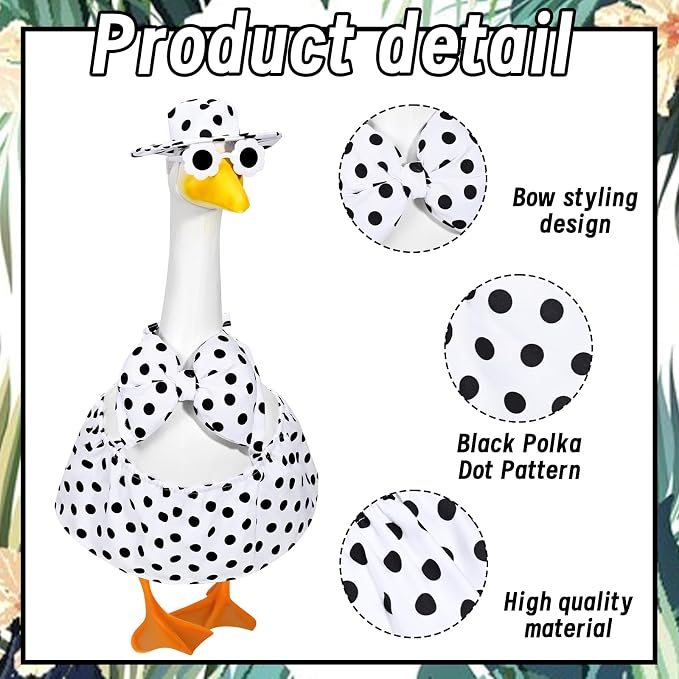 JcHrmers Summer Hawaiian Goose Outfit Porch Goose Bikini Outfits with Hat & Sunglasses Fits 23 Inch Geese Statues for Creative Lawn Yard Garden Beach Pool Party Decor(White Polka Dots)