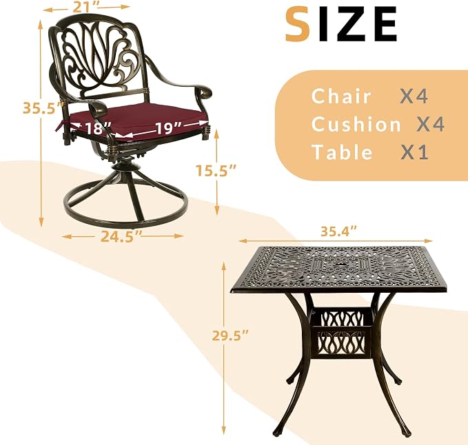 5 Piece Patio Dining Set, Outdoor Table and Chairs Set for 4 Cushioned Swivel Rocking Chairs and 35.4'' Square Table, All-Weather Cast Aluminum Patio Funiture Set, 2.2'' Umbrella Hole, Red
