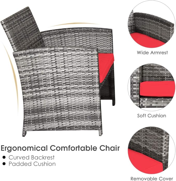 DORTALA 4 Piece Patio Furniture Set, Outdoor Wicker Conversation Set with Soft Cushions & Tempered Glass Coffee Table, Rattan Patio Sofa Bistro Sets for Courtyard Balcony, Red