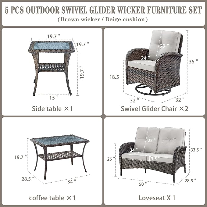 Belord 5 Piece Wicker Patio Furniture Set - Outdoor Conversation Sets with Deep Seating Swivel Rocker Chairs Loveseat and Rattan Coffee Table for Deck Backyard, Brown Wicker/Beige Cushion