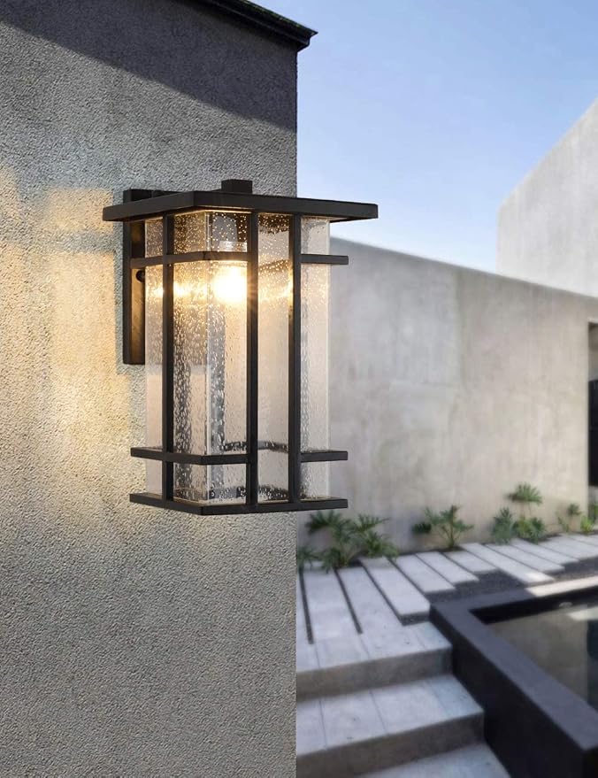 Rustic Dusk to Dawn Outdoor Wall Light Fixture 13.8"H Waterproof Exterior Wall Sconces Black Metal with Seeded Glass Sensor Outdoor Wall Lantern for House Patio Porch,Entryway,Garage Wall Lamps