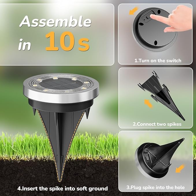 INCX 10Pack Solar Ground Lights Outdoor, 8 LED, IP65 Waterproof, Cold White | 600mAh Ni-MH battery, 8-10h runtime, stainless steel, ABS and PP body, solar garden lights for pathways, lawns and driveways