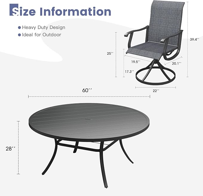 VICLLAX 9 Pieces Outdoor Dining Set, Patio Furniture Set of 8 Patio Swivel Dining Chairs and 60" Patio Round Table, Dark Charcoal Chairs & Black Tabletop