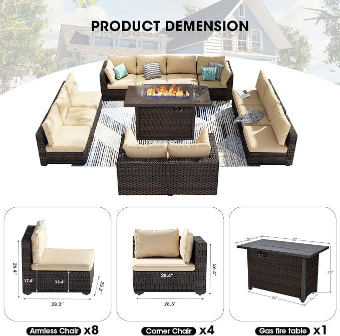 13 Piece Patio Furniture Set with Fire Pit Table All Weather PE Rattan Outdoor Sectional Sofa Couch with No-Slip Cushions for Garden, Poolside, Backyard (Beige)