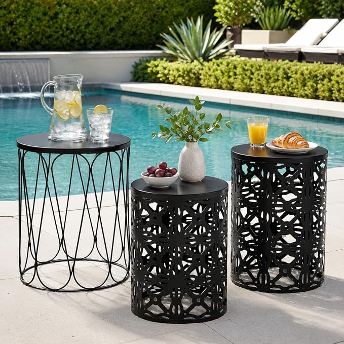 Y&M Set of 3 Stacking Coffee Table for Living Room, Patio Side Table,Indoor End Tables for Bedroom, Outdoor Decorative Garden Stool with Heavy Duty Metal Frame Modern Industrial Decor - Black