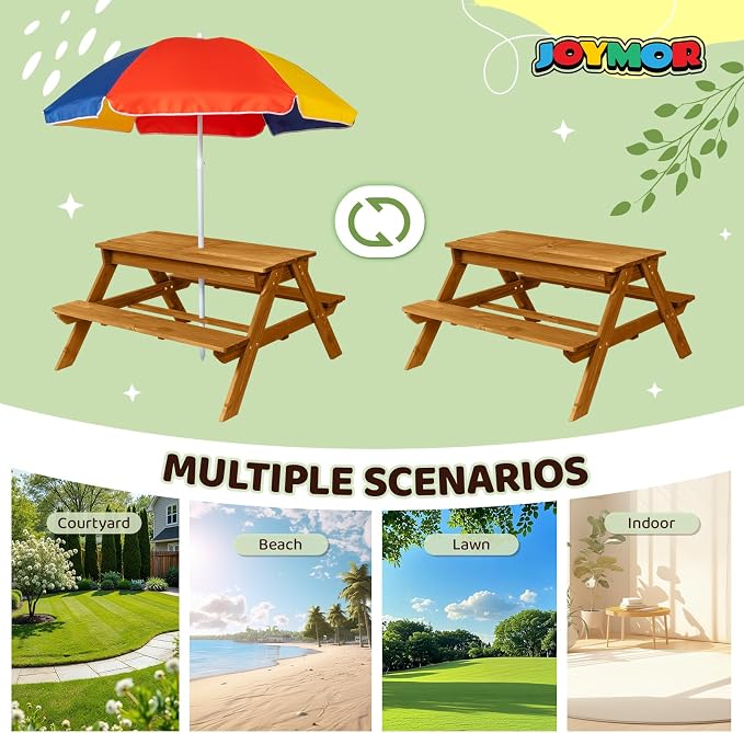 JOYMOR 4-in-1 Kids Picnic Table w/2 Sensory Bins, Cedar Wooden Sand & Water Table with Height Adjustable Umbrella, Wooden Kids Outdoor Picnic Tables for Garden, Backyard, Patio Furniture(Natural)