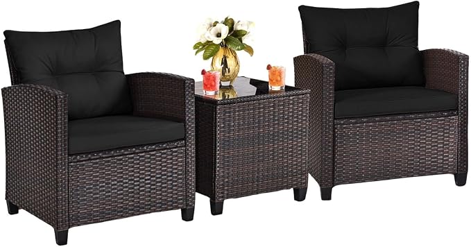 3-Pieces Patio Furniture Set, PE Wicker Chairs Sofa Set with Removable Cushions & Glass Top Side Table, Outdoor Wicker Rattan Conversation Chair for Porch,Backyard, Balcony (Black)