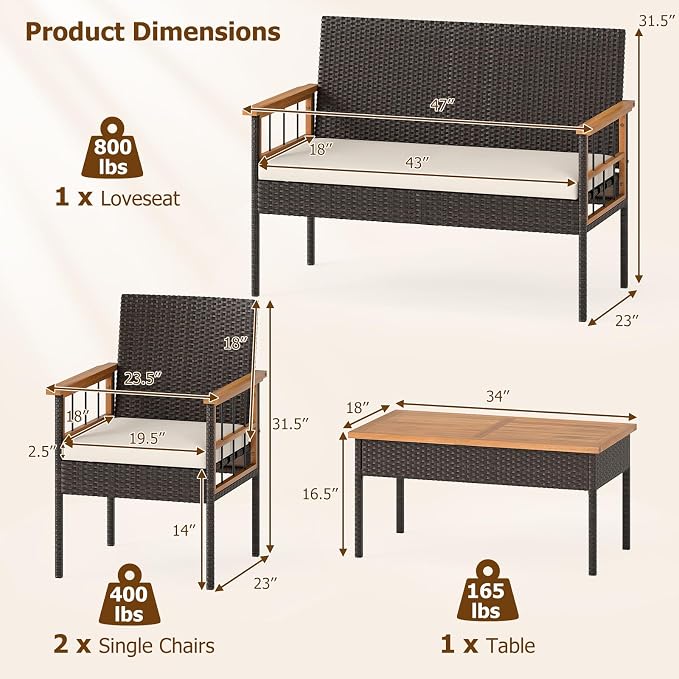 HAPPYGRILL Patio Furniture Set Outdoor Rattan Wicker Conversation Set with Acacia Wood Coffee Table, Chairs, Loveseat & Cushions, for Porch, Garden, Backyard, Poolside (8 Pieces)