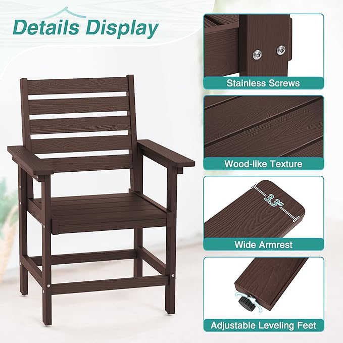 Patio Dining Chairs Set of 2, HDPS Weather Resistant Outdoor Chairs with Armrest, Heavy Duty 300LBS Support Patio Chairs for Backyard Deck Porch Balcony, Dark Brown