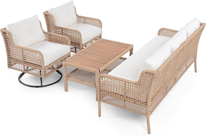 JIVOIT 4 Pieces Patio Furniture Set, Rattan Outdoor Conversation Set with 1 3-Seater Sofa, 2 360°Swivel Rocking Chair and 1 Solid Wood Tabletop Coffee Table for Poolside Backyard Deck (Beige/264)