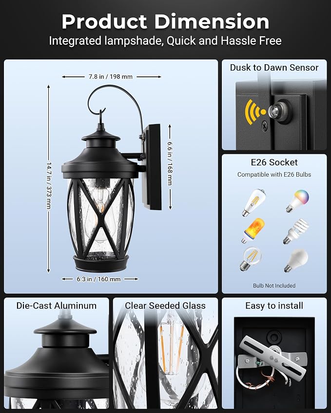 VIANIS Porch Lights Outdoor, Black Dusk to Dawn Outdoor Lighting Wall Mount, Modern Exterior Lighting Fixtures with Seeded Glass, Anti-Rust Waterproof Exterior Wall Lantern for Garage with E26 Socket