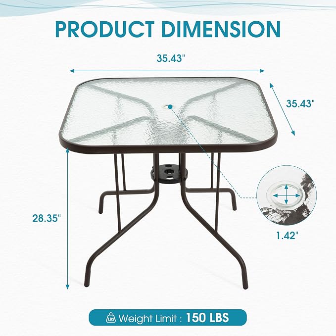Patio Dining Table for 4 with Umbrella Hole, Outdoor 5 Piece Dining Set 36" x 36", Brown, for Garden Backyard Poolside Front Proch Outside