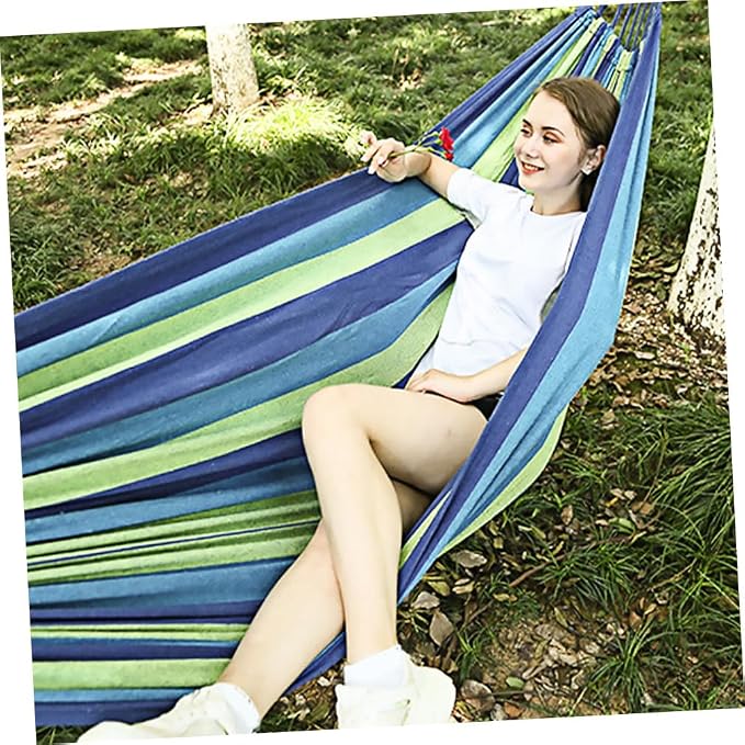 Toddmomy Double Camping Hammock for Two Adults, Blue Widened Canvas Hanging Swing, Thickened Portable Outdoor Travel and Garden Hammock with Reinforced Straps