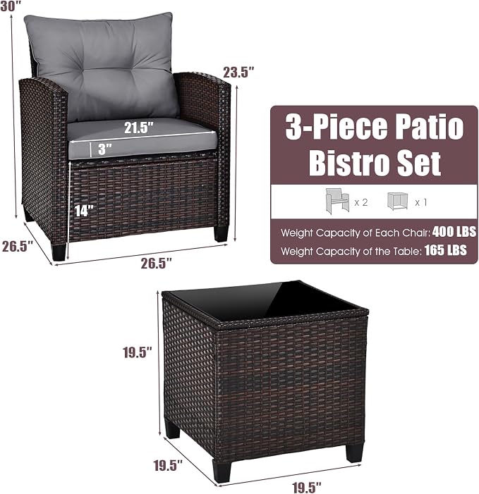 KOTEK 3 Piece Patio Furniture Set, Outdoor Conversation Set with Washable Cushions & Tempered Glass Tabletop, PE Rattan Wicker Bistro Set for Porch, Garden, Balcony (Grey)