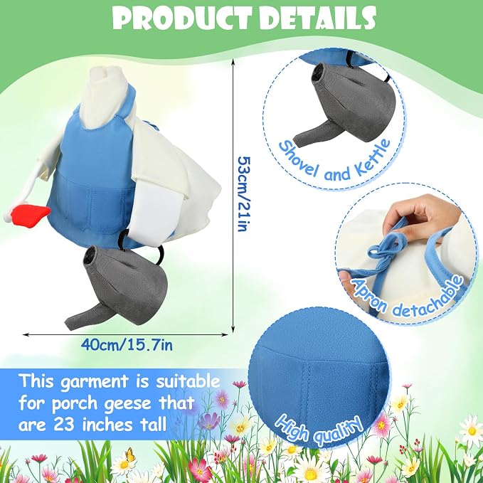 Gardener Goose Outfit - Cute Clothes for Lawn Decor, Porch Costume for 23" Cement Goose, Outdoor Garden Yard Patio Statue Art