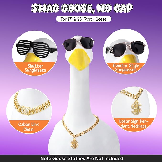 Porch Goose Statue 5pc Accessory Combination Set, Hip Hop Goose Accessories Kit with Chains Sunglasses Strap for 23 Inch Goose, Cool Street Style Yard Garden Decor (Hip-hop 5PC)