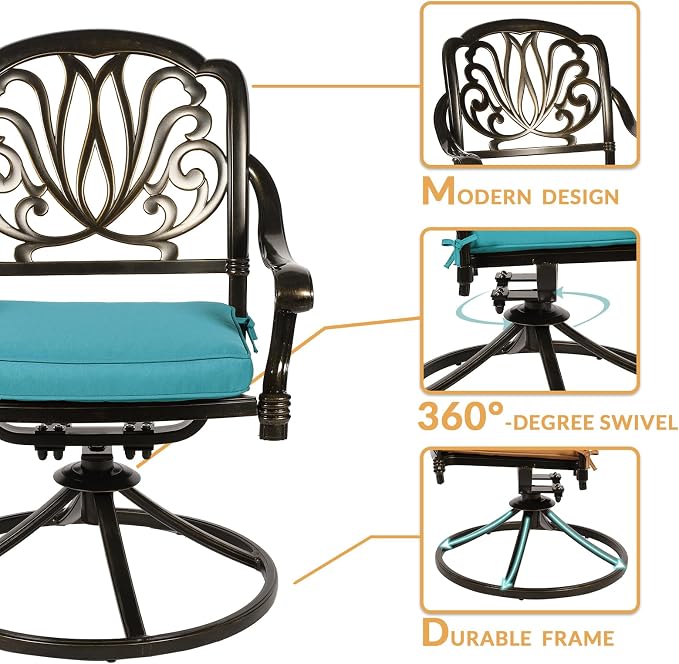7-Piece Outdoor Patio Dining Set, 60” Rectangular Cast Aluminum Dining Table with Umbrella Hole and 4 Stationary, 2 Swivel Rocker Chairs, 6 Cushioned, Backyard, Patio, Garden, Blue