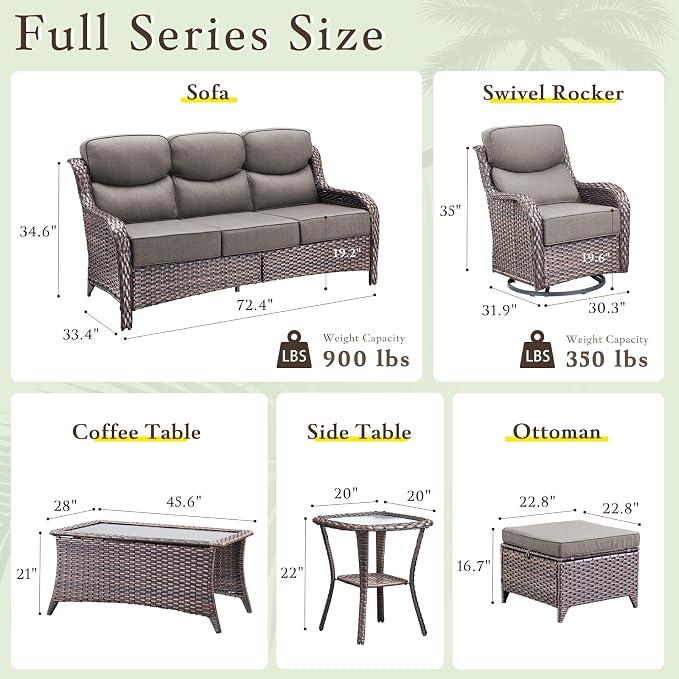 Luxury High Back Outdoor Furniture with 6-inch Extra Thick Cushions, Patio Furniture Set with Swivel Chairs, 5 PCS Wicker Conversation Set for Yard, Deck, Poolside, Brown/Grey