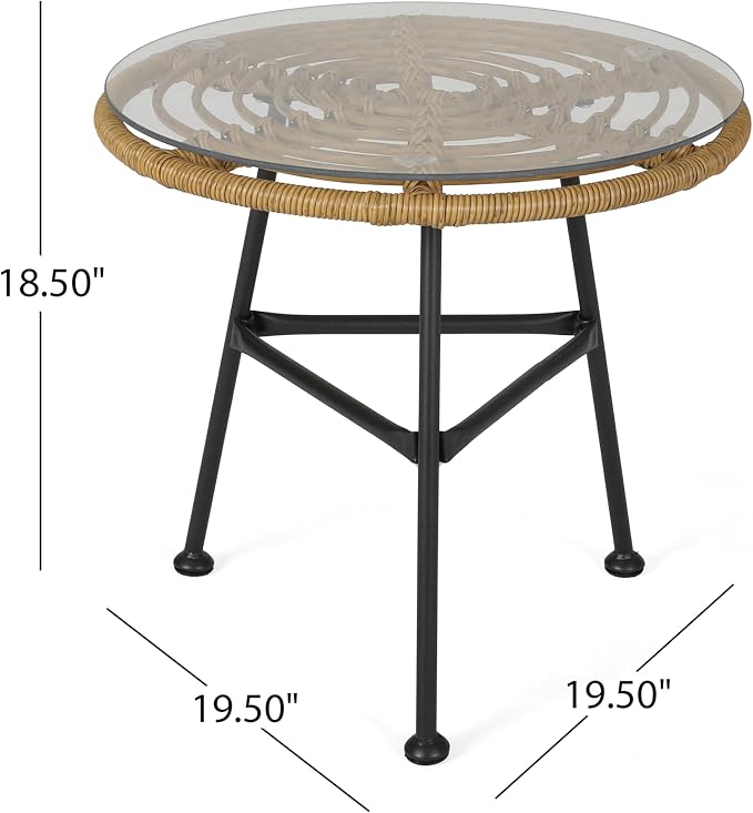 Rattan Outdoor Side Table with Tempered Glass Tabletop, Weather-Resistant Patio End Table, Stable Steel Frame for Balcony, Porch, Deck, Natural