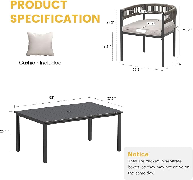 VICLLAX Patio Dining Set for 6-63" Rectangle Table & Cushioned Seats, Black