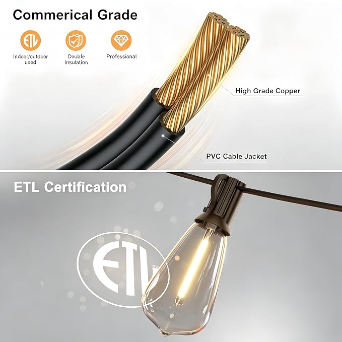 Outdoor String Lights 50FT 26 LED, Waterproof Dimmable Patio Lights | Remote Control, Shatterproof Edison ST38 Bulbs, Timer, Plug-In, Warm White Hanging Light for Garden Yard Porch Deck Decor