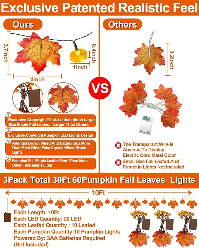 Timer&3 Pack Fall Decor Fall Garland with Pumpkin Lights 30Ft 60LED | Patented Realistic Maple Leaves Pumpkin Garland Battery Operated Fall Halloween Thanksgiving Decorations for Home Outdoor