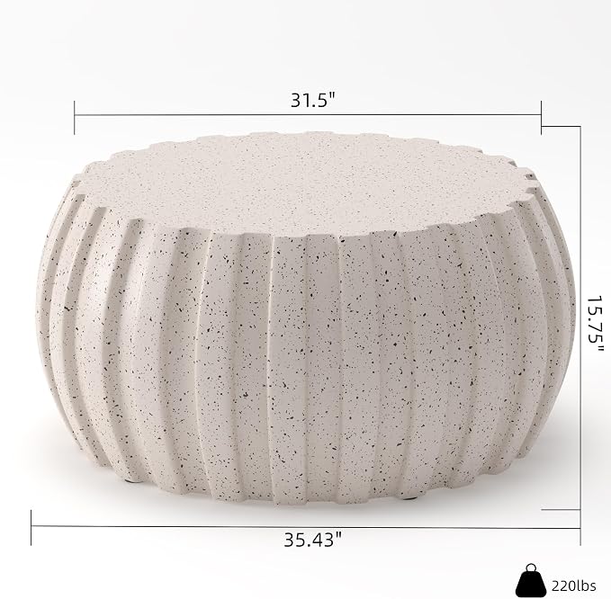 35.43" Faux Stone Coffee Table Round for Indoor or Outdoor Concrete Coffee Tables MgO Cement Center Tables for Living Room, Patio, Garden, Backyard, Balcony, Waterproof, White Drum