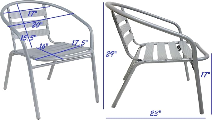 BTEXPERT Gray Indoor Outdoor Restaurant Stainless Steel Silver Aluminum + 3 Metal Slat Stack Commercial Lightweight, 3 Chairs with a 27.5" Round Table