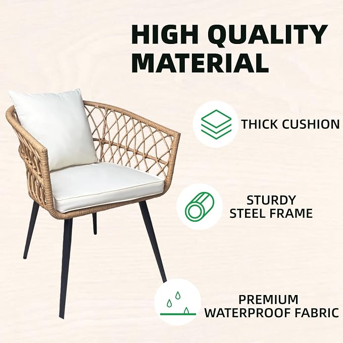 4 Piece Patio Furniture Set,Outdoor Conversation Set with Wicker Sofa, 2 Rattan Chairs and Glass Table, Patio Bistro Set with All Weather Cushions, for Garden, Porch, Backyard (Beige)
