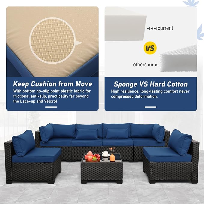 Lviden 7 Pieces Outdoor PE Wicker Furniture Set Patio Rattan Sectional Conversation Sofa Set with Navy Blue Cushions and Glass Top Table