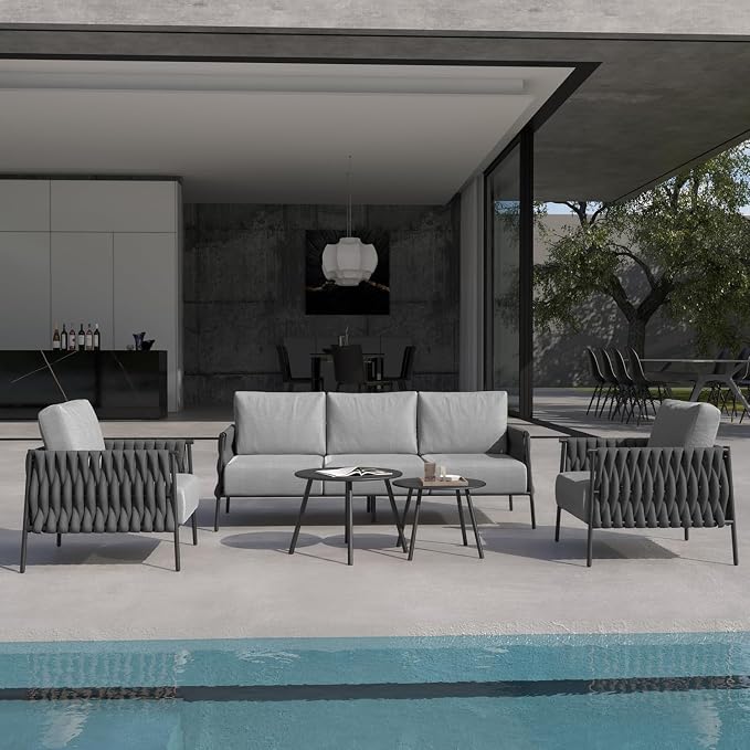 East Oak 5-Piece Patio Furniture Set | Life Chatter 5-Seat Outdoor Sectional Sofa Conversation Set, Deep Seating Couch with 2 Coffee Tables & Thick Cushions for Balcony & Backyard, Porch | Misty Grey