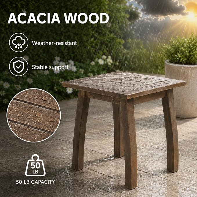 Selma Acacia Wood Outdoor Side Table, Weather Resistant Slatted Design Patio Coffee End Table, Decorative Decorated Accent Table for Balcony Beach Poolside, Natural Stained (Grey + Acacia Wood)