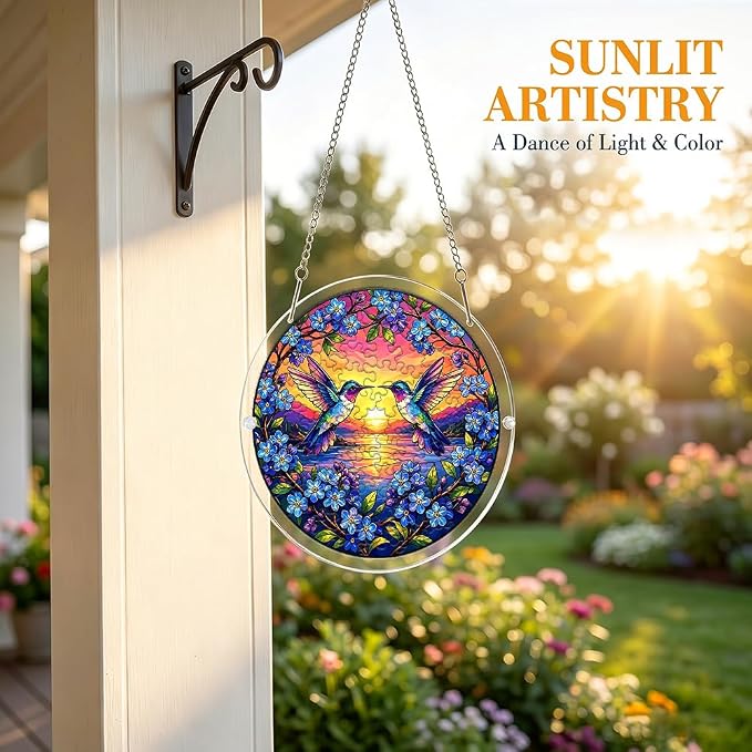 Acrylic Puzzle Suncatcher, Hummingbird & Flower Sun Catcher Jigsaw Puzzle Window Hanging, Acrylic Puzzles Kit Home Garden Decor, for Mom, Wife, Sisters, 7.87 inch