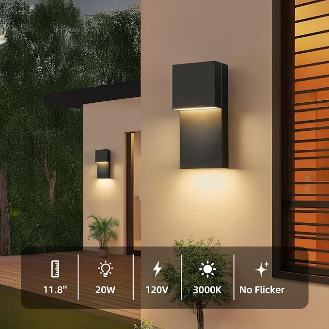 Modern LED Outdoor Wall Sconce 20W Exterior Lighting Fixtures, Black Outside Lights for House Integrated LED Outdoor Wall Mount Lights for Front Porch Garage, Warm White 3000K, 1 Pack