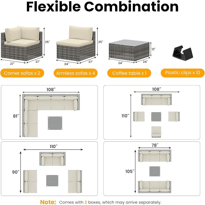 SUNVIVI OUTDOOR 7 Piece Patio Furniture Sets All Weather Gery PE Wicker Couch Sofa with Glass Table, Removable Beige Cushions, Brown Rattan
