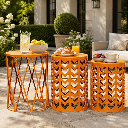 Y&M Set of 3 Stacking Coffee Table for Living Room, Patio Side Table,Indoor End Tables for Bedroom, Outdoor Decorative Garden Stool with Heavy Duty Metal Frame Modern Industrial Decor - Orange