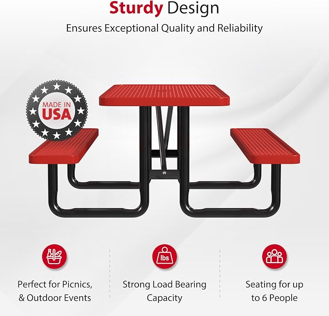 Leisure Craft Metal Picnic Table with Bench - 6 ft Rectangle Outdoor Dining Table for 6, Umbrella Hole, Weatherproof Heavy Duty Thermoplastic Coating, Commercial Grade Furniture Made in USA - Red