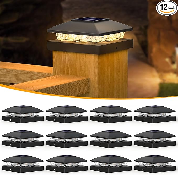 APONUO Solar Post Cap Lights for 4x4 Posts - IP64 Waterproof, 3000K LED, No-Wire Fence Lights & Deck Lights for Patio Garden Yard Patio, Black-Warm White, 12 Pack