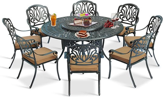 9-Piece Patio Cast Aluminum Dining Set, 8 Person Outdoor Dining Furniture Set, Includes 8 Cushioned Chairs and 61" Large Round Dining Table with 31" Lazy Susan, Umbrella Hole, Tan