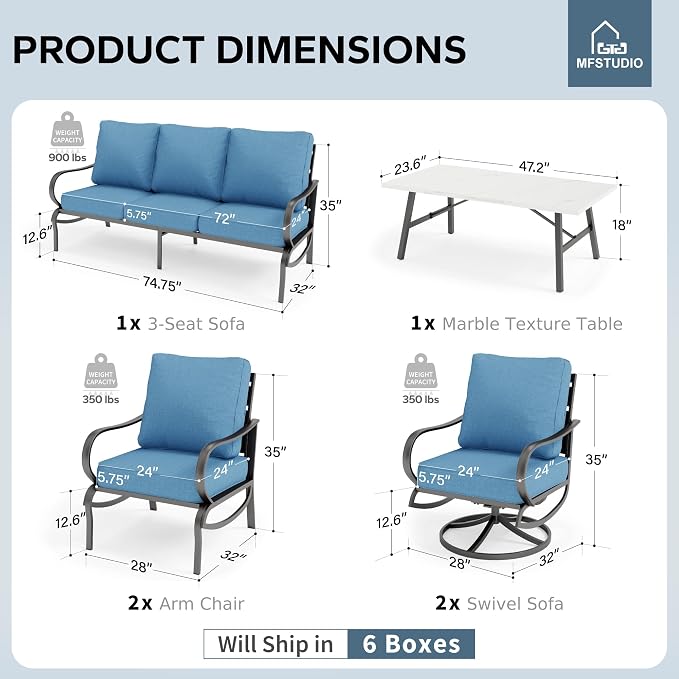 MFSTUDIO 6 Pieces Metal Patio Furniture Sets, 2 Swivel Chairs, 3-Seat Loveseat Sofa, 2 Patio Chairs & 1 Marbling Coffee Table, All Weather 7 Seats Outdoor Conversation Set for Garden Backyard, Navy