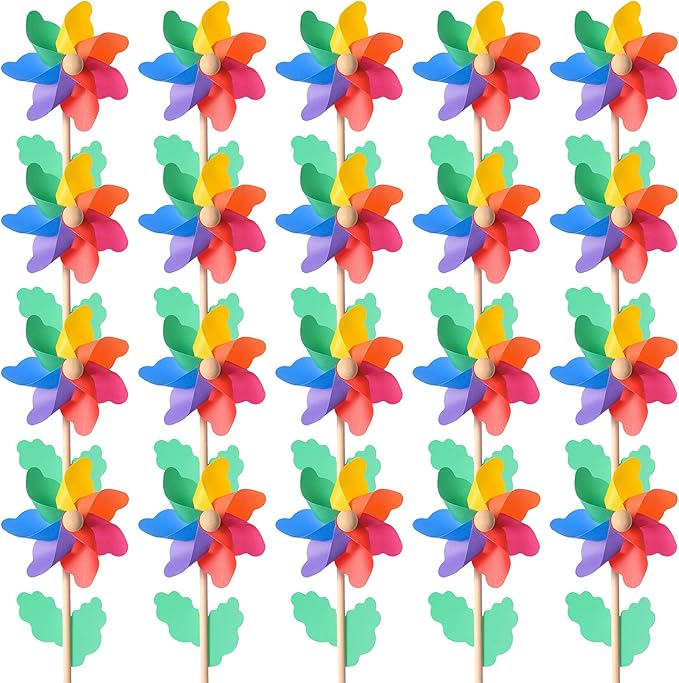 Jucoan 20 Pack Rainbow Pinwheels for Yard and Garden, Colorful Flower Pinwheels Toy for Kids, Plastic Wind Spinners for Outdoor Birthday Party Decor, No Assembly Required