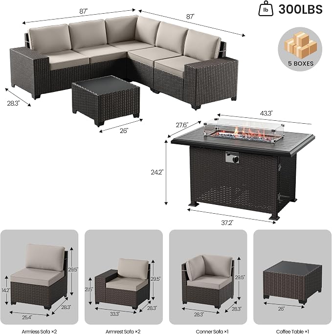 Patio Furniture Set 7 Pieces Outdoor Furniture Patio Conversation Set w/43in Gas Fire Pit,PE Rattan Wicker 7 Pcs Outdoor Sofa Set w/55000 BTU Propane Fire Pit Table,Sand