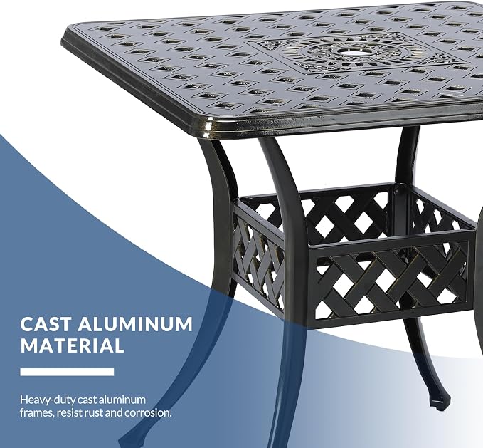 30.5" Inch Outdoor Dining Table Square Patio Bistro Table Bronze Cast Aluminum Rustic Large Table with Umbrella Hole
