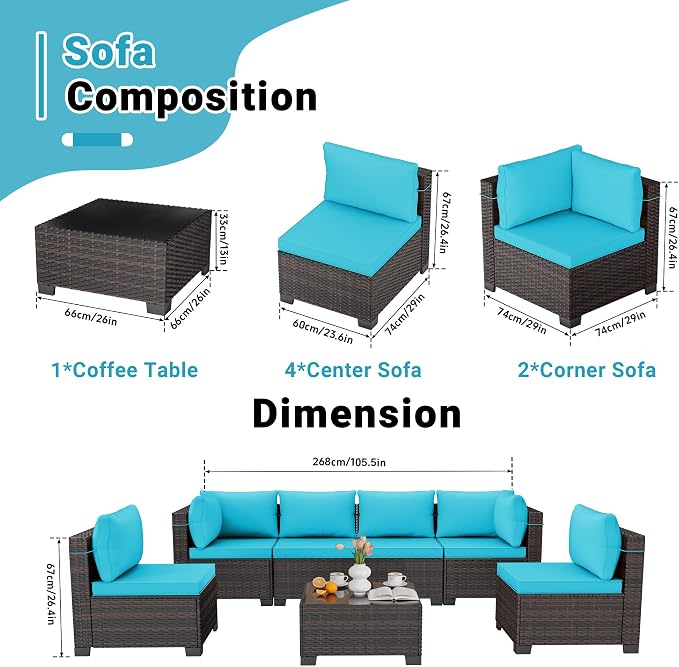 LAFWLL 7 Pieces Outdoor Patio Furniture Sets,Rattan Conversation Sectional Set,Manual Weaving Wicker Patio Sofa with Tea Table