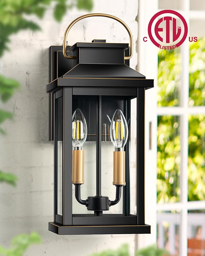 VIANIS Large Porch Lights Outdoor Dusk to Dawn, Black Gold Trim, Anti-Rust | Waterproof Exterior Lighting Fixtures Wall Mount for House, Outdoor Sconces Wall Lighting for Patio, Coach Lights for Garage
