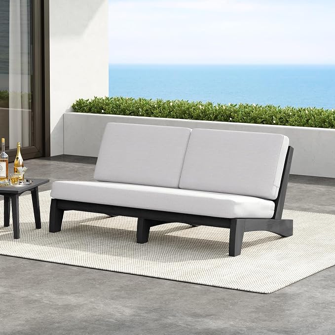 Outdoor Furniture Patio Couch, Weather Resistant 3-Seater Patio Sofa with Removable Cushion, Black Solid Wood Frame for Porch & Backyard Seating - Beige