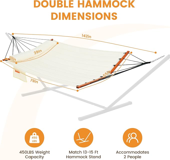 Lazy Daze Hammocks 12FT Quilted Double Hammock with V-Spreader Bar, 2 Person Portable Hammock with Nylon Rope, Side Pocket and Pillow, 450lbs Capacity, Includes Carry Bag for Outside, Natural